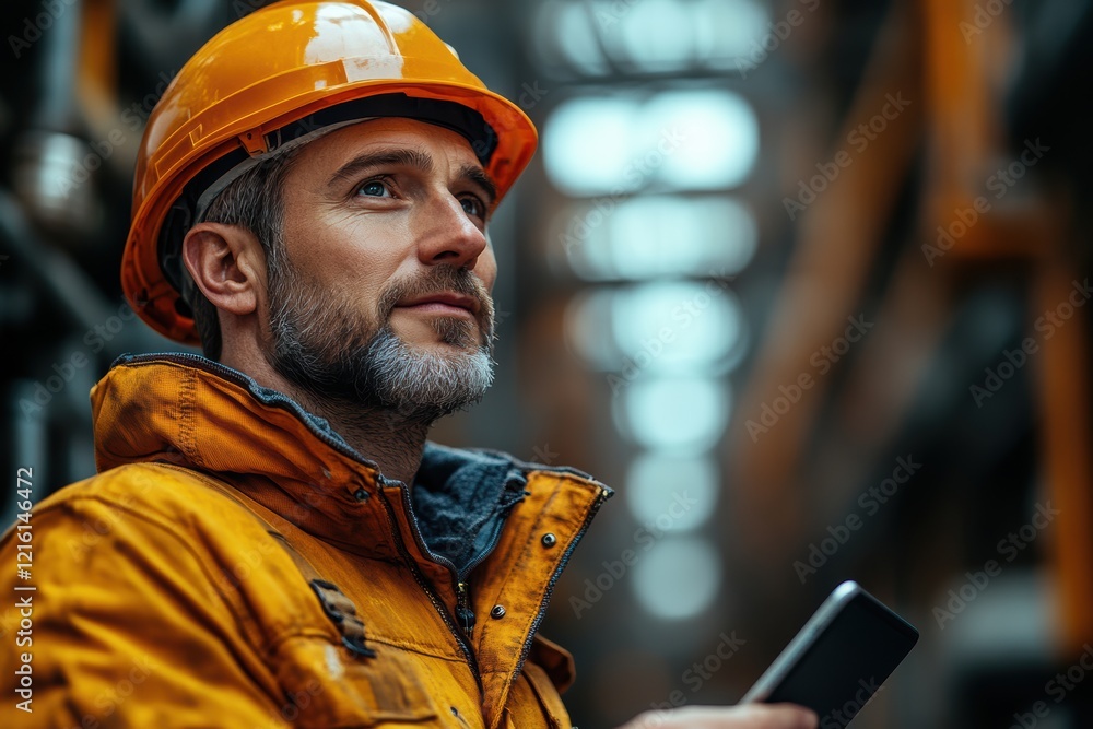 Poster middle-aged engineer with a warm expression, holding a tablet while discussing renewable energy syst