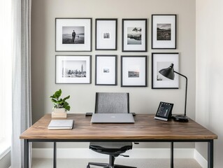 Home office setup featuring modern desk, laptop, and decorative wall art with potted plant. Ideal for remote work, productivity, and stylish workspace inspiration.