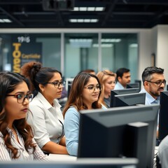 Fototapeta premium En la oficina se puede ver una variedad de empleados trabajando mientras miran los monitores. Son mujeres y hombres hispanos, y su cabello y vestimenta son diversos. También hay empleados que usan ant