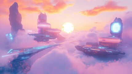 A sci-fi inspired floating city with sleek glowing buildings, resting peacefully in the clouds under a dreamy pastel sunset