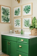 Green cabinets and tropical leaf art decor in modern bathroom, featuring marble countertop, stylish sink, and natural plants for a refreshing atmosphere.