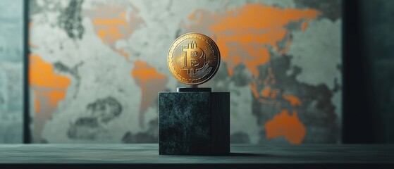 Globe on pedestal in modern office setting symbolizes global business, trade opportunities, international relations, and digital commerce for financial success.