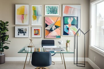 Modern office interior featuring stylish furniture, vibrant artwork on the walls, and a sleek desk setup designed for productivity and creativity in a workspace.