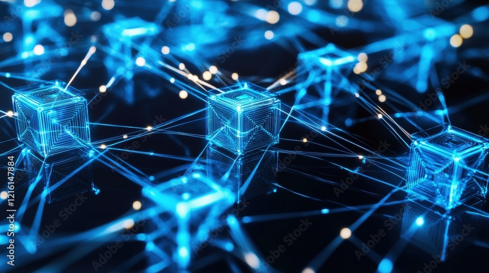 Poster blockchain technology visualization with interconnected blue nodes representing data integrity, dece