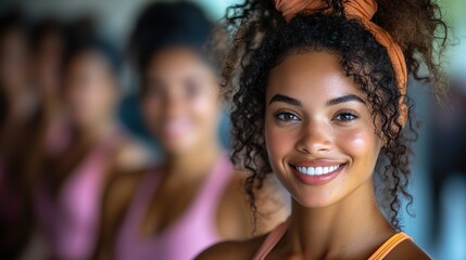 Fototapeta premium A group of women smiles and interacts during a dynamic fitness class in a sunny gym, promoting health, wellness, and camaraderie