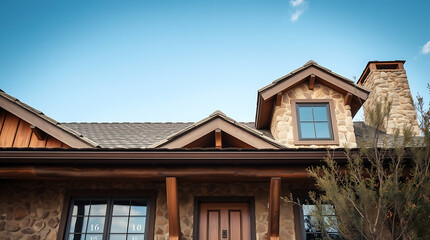 Mountain Home Exterior: Stone and Wood Architecture.  Rustic luxury house design with stunning roofline and large windows.  Perfect for real estate listings and architectural inspiration.