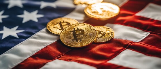 Bitcoin coins placed on a US flag representing cryptocurrency investment, digital finance, and American market trends, highlighting alternative currency options.