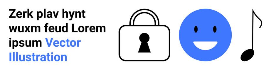Text with placeholder words, black padlock icon, blue smiling face, black music note. Ideal for digital security, social media, online communication, privacy, positive emotions multimedia
