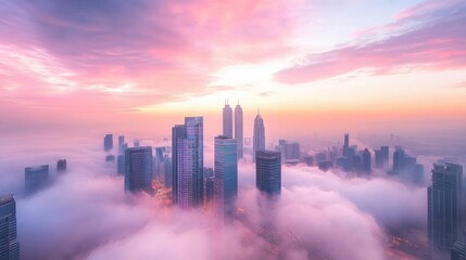Fototapeta premium Futuristic cityscape floating in the clouds, sleek glowing buildings framed by a stunning pastel horizon