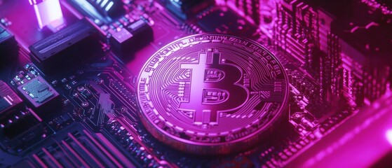 Bitcoin cryptocurrency coin on a circuit board with vibrant colors representing digital finance, blockchain technology, and investment opportunities in crypto markets.