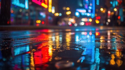 Obraz premium City street at night, rain reflecting neon lights.