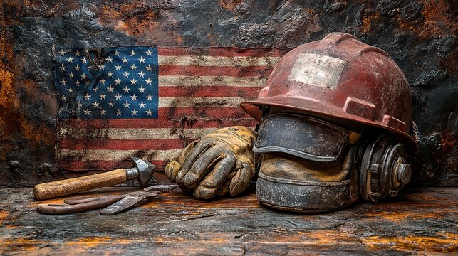 A Labor Day image featuring a glove, hard hat, tools, and American flag represents strength, unity, and hard work - Powered by Adobe