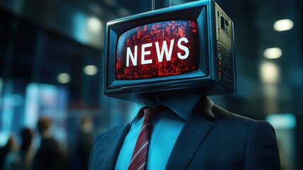 A man dressed in a suit stands with his arms crossed, featuring a television where his head should be, symbolizing the influence of news media on perception.