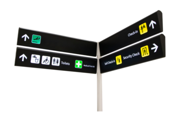 Black signs with white letters and icon symbol for Check-In, Self Check-In, Security Check, Toilets, Medical First Aid at International Airport. Isolated on cut out PNG or transparent background.