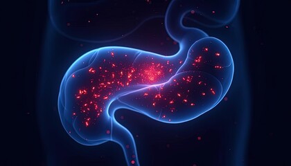 Obraz premium Illuminated Stomach Inflammation Red Particles Anatomy