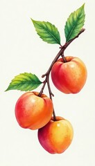 Watercolor apricot branch, ripe fruit, green leaves, watercolor, macro
