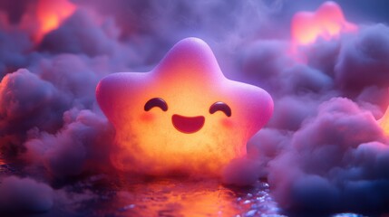 A cute pastel-colored star character joyfully floats among fluffy clouds against a dreamy gradient background in a soft lighting atmosphere, showcasing detailed and vibrant design