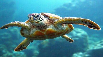 Obraz premium Sea turtle gracefully swimming underwater, showcasing vibrant colors and intricate shell patterns.