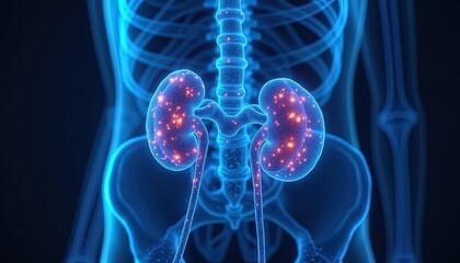 Illuminated Human Kidneys Within Skeletal Structure