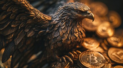 Eagle sculpture perched atop golden bitcoins, symbolizing wealth and power in cryptocurrency investment, showcasing digital assets for finance enthusiasts.