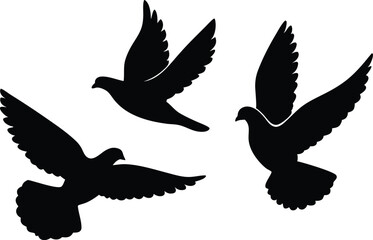 Three Silhouettes of Doves in Flight, Peace Symbol, Black Birds