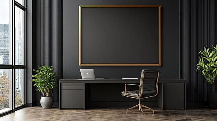 Modern dark office interior with desk, chair, and large framed artwork.