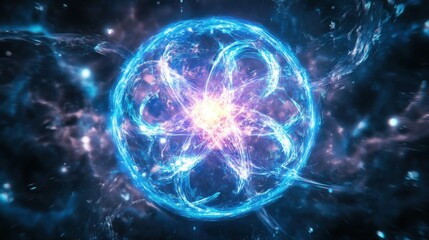 Obraz premium A powerful energy burst emanates from atomic nuclei during nuclear fission, scattering particles widely in a vibrant cosmic environment filled with swirling colors.