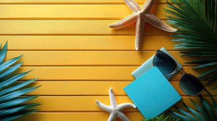 A playful flat lay of summer travel essentials with a passport, an airplane model, sunglasses, and a starfish arranged on a yellow background