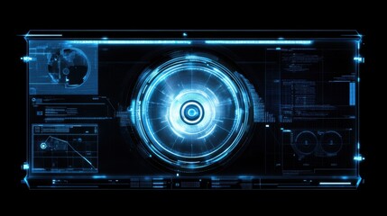 Fototapeta premium Retina scanning interface with futuristic holographic beams and glowing digital circuits.