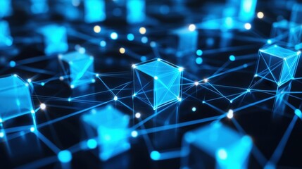 Obraz premium Digital network, glowing lines and geometric shapes representing blockchain technology, data connectivity, and futuristic design in cyberspace.