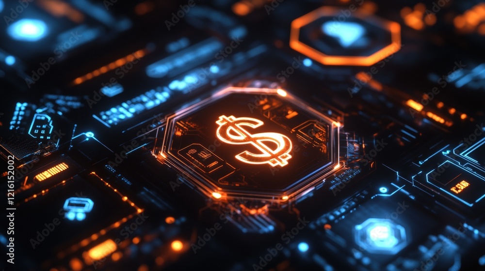 Aufkleber digital currency symbol on a futuristic circuit board, showcasing high-tech finance concepts, blockc