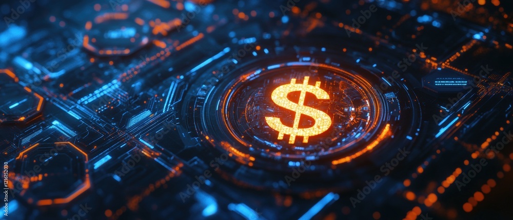 Aufkleber digital currency symbol illuminated on circuit board, representing blockchain technology, cryptocurr