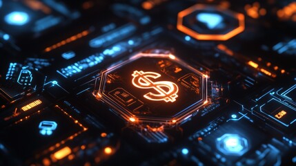Digital currency symbol on a futuristic circuit board, showcasing high-tech finance concepts, blockchain integration, and modern monetary transactions in cryptocurrency.