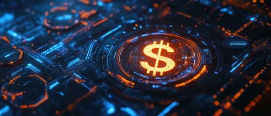 Digital currency symbol illuminated on circuit board, representing blockchain technology, cryptocurrency trading, and online financial transactions in modern finance.