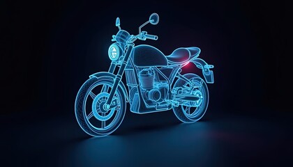 Neon Blue Wireframe Motorcycle Digital Rendering