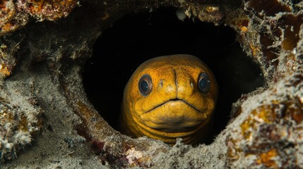 Yellow moray eel peering from its coral reef home.  A captivating underwater close-up.