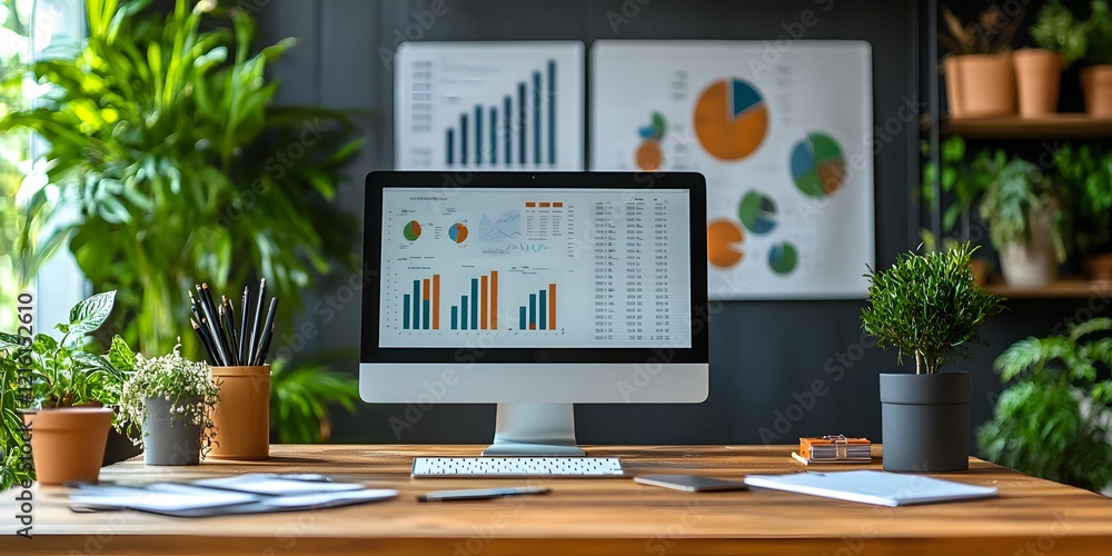 Poster computer monitor is on a desk with a few potted plants in the background