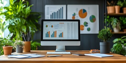 Computer monitor is on a desk with a few potted plants in the background