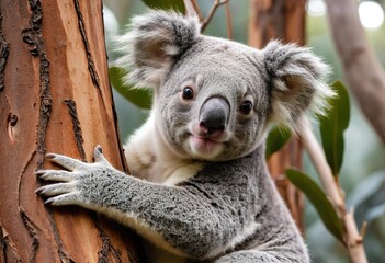 Obraz premium charming koala bear clings to the trunk of a eucalyptus tree