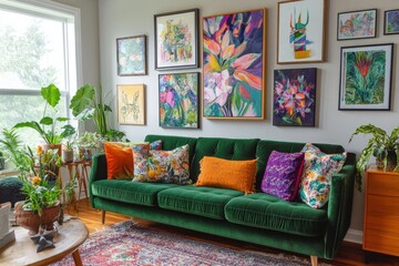 Cozy living room with green sofa and colorful pillows, vibrant artwork on walls, indoor plants, and a warm atmosphere for relaxation and creativity. Home decor inspiration.
