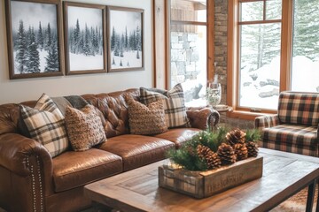 Cozy living room design featuring leather sofa, plaid pillows, wooden coffee table, and indoor greenery, perfect for winter relaxation and home decor inspiration.