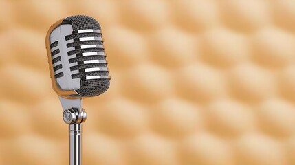 Fototapeta premium Microphone on a stand positioned against a brown background for audio recording or broadcasting purposes