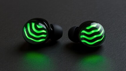 Smart earbuds with glowing audio wave designs and a sleek, tech-forward aesthetic.