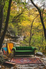 Obraz premium Couch placed in nature surrounded by trees and autumn foliage with colorful paintings nearby. Relaxation area in the wilderness for inspiration or retreat.