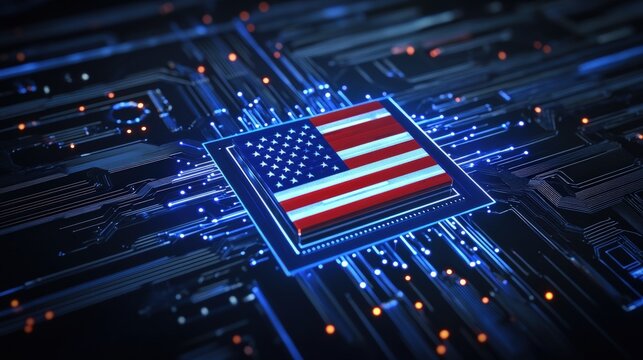 Computer chip, technology background with American flag design, symbolizing innovation, cybersecurity, and modern digital advancements in the USA.