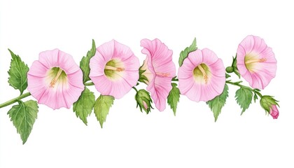 Delicate pink flowers in full bloom with lush green leaves against a white background