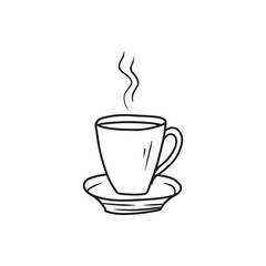 Glass of hot tea on plate drawing in black isolated on white background. Hand drawn vector sketch illustration in doodle vintage engraved line art style. Ink drawing, cafe, breakfast, menu