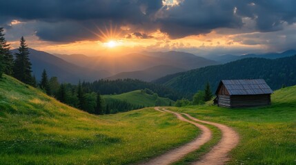 A winding wooden road leads to an old house under a vibrant sunset with mountains on the horizon and lush green grass surrounding the landscape