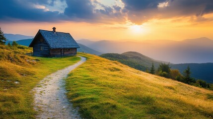 The picturesque view features a winding wooden road guiding towards an aging house, bathed in warm sunset light with hills and mountains framing the serene landscape.