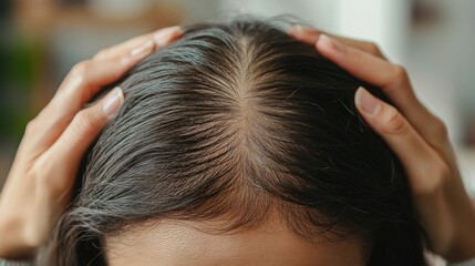 Obraz premium An individual with a receding hairline is holding back their thinning hair, showcasing early signs of male pattern baldness in a close-up view.